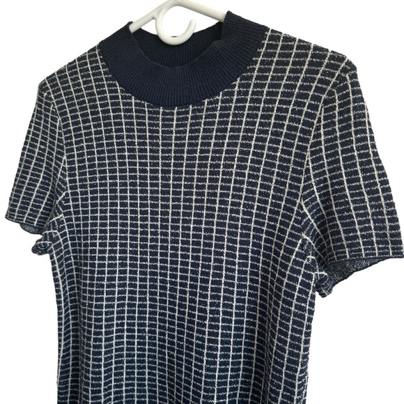 Maeve Navy Windowpane Short Sleeve Knit Top, Size M - Picture 2 of 7